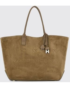 Hogan Suede Calf Leather Tote Bag With Double Handle And Internal Pouch - Natural