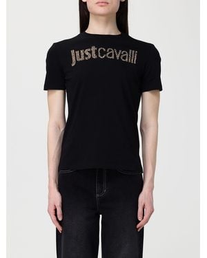 Just Cavalli Cotton T-Shirts With Rhinestone Logo - Black