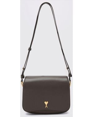 Ami Paris Ami De Coeur Metallic Logo Smooth Leather Crossbody Bag - White