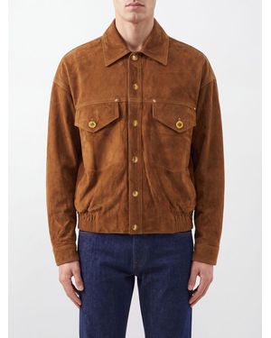 Versace Suede Leather Shirt-Style Bomber Jacket With Elasticated Hem - Blue