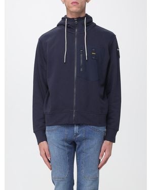 Blauer Full-Zip Baumwoll-Hoodie Mit Verstellbarer Kapuze Und Reißverschlusstaschen - Blau