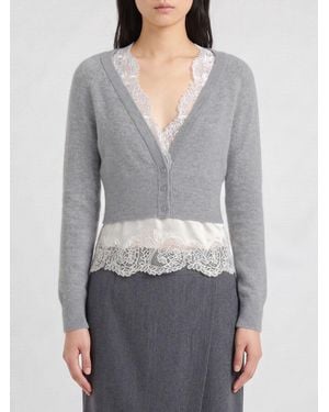 Ermanno Scervino Pure Cashmere Cardigan With Lace And Ruffled Hem - Gray