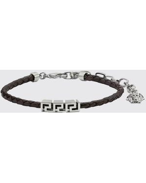 Versace Bracelet Greca En Cuir Tressé Et Laiton - Blanc