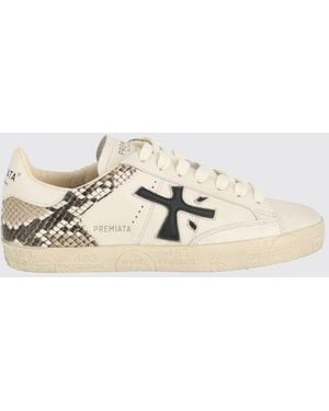 Premiata Stevend Calfskin Trainers With Contrasting Details And Logo - Natural