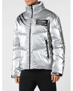Philipp Plein Doudoune Courte En Nylon Matelassé Avec Col Montant Et Logo - Gris
