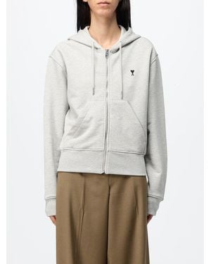 Ami Paris Hooded Zip-Up Cotton Sweatshirt With Embroidered Logo - Grey