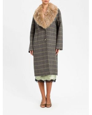 Twinset Single-Breasted Check Wool Coat With Shawl Fur Collar - Gray