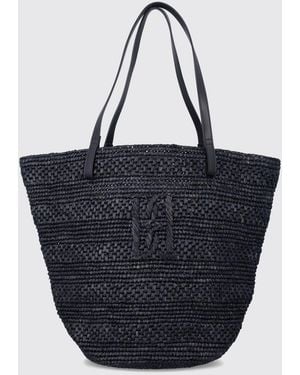 By Malene Birger Raffia Shoulder Bag With Leather Handles And Embroidered Logo - Blue