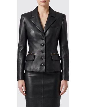 Elisabetta Franchi Slim Fit Leather Blazer With Peak Lapels - Black
