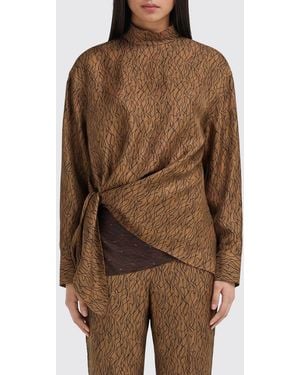 Ferragamo Drapierte Seidenbluse Mit Abstraktem Druck Und Stehkragen - Braun
