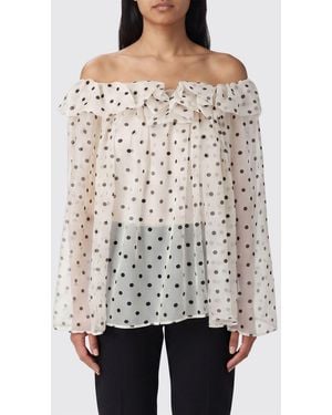 MSGM Polka Dot Tulle Blouse With Ruffles And Boat Neck - Natural