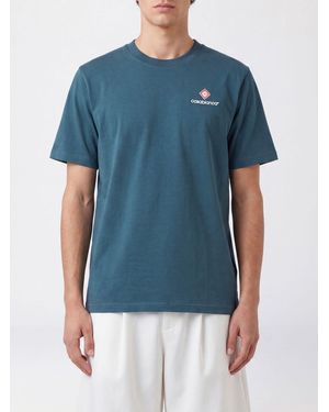 CASABLANCA Organic Cotton Crew Neck T-Shirt With Logo Print - Blue