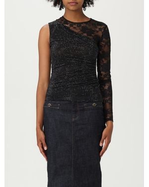 Self-Portrait Elegant Top With Lace Detail And One Sleeve - Black