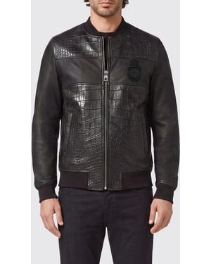 Billionaire Crocodile And Nappa Leather Bomber Jacket With Crest Logo - Black