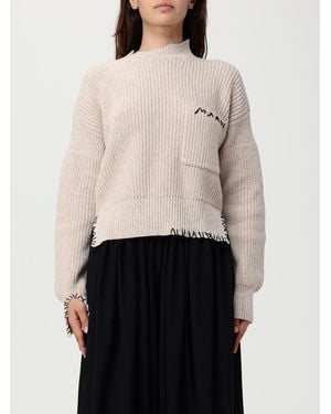 Marni Ribbed Knit Jumper With Pocket And Decorative Stitching Detail - Natural