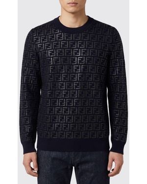 Fendi Wool Crew Neck Pullover With Monogram Motif - Blue