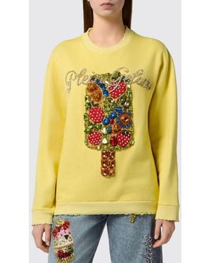 Philipp Plein Cotton Crewneck Sweatshirt With Frayed Hem And Rhinestone Logo - Yellow