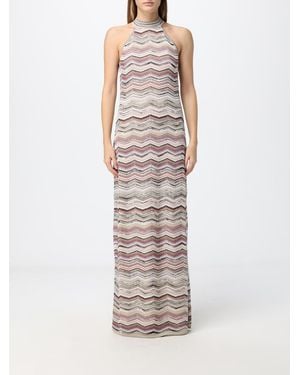 Missoni Zig-Zag Pattern Lurex Slim Fit Long Dress With Halter Neck - White