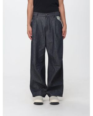 PDF Wide Leg Graphic Print Cotton Denim Jeans With Pleats - Blue