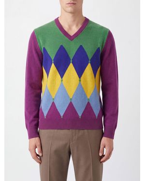 Ballantyne Argyle Pattern Pure Cashmere V-Neck Sweater - Purple