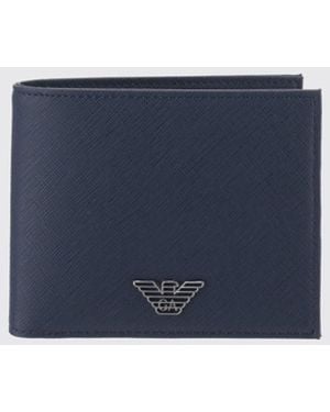 Emporio Armani Saffiano Synthetic Leather Bifold Wallet With Eagle Logo - Blue