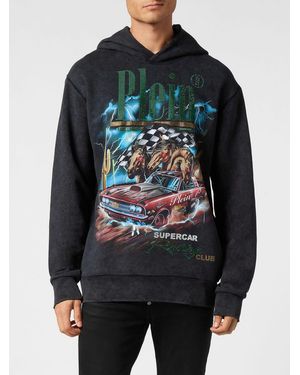 Philipp Plein Relaxed Fit Cotton Hoodie With Rhinestone Logo - Gray