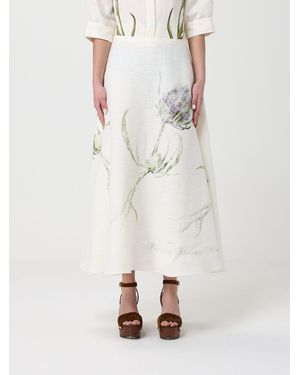 Alberta Ferretti Linen Midi Skirt With Floral Print - Natural