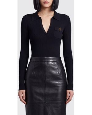 Elisabetta Franchi Slim Fit Long-Sleeved V-Neck Bodysuit With Ruffles - Black