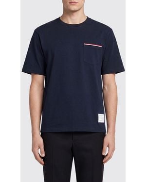 Thom Browne Camiseta De Algodón Con Bolsillo De Parche Y Logo 4-Bar - Azul