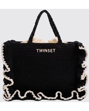 Twinset Crochet Cotton Bag With Ruffles - Black