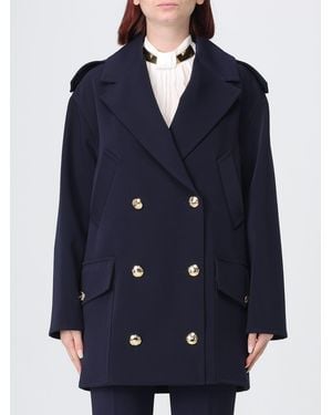 Elisabetta Franchi Knee-Length Double-Breasted Scuba Coat With Metallic Buttons - Blue