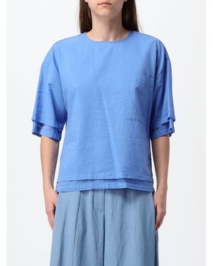 Tela Crewneck Short-Sleeved Blouse With Dropped Shoulders And A Patch Pocket - Blue