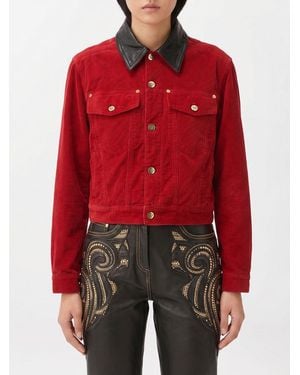 Versace Cropped Cotton Velvet Shirt Jacket With Leather Collar - Red