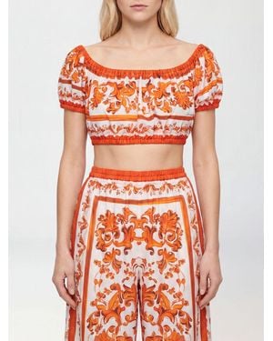 Dolce & Gabbana Dolce &Amp Gabbana Cropped Cotton Top With Maioliche Print And Boat Neck - Orange