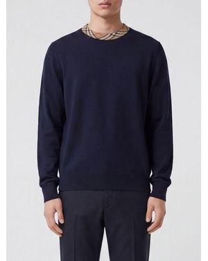 Burberry Crewneck Wool Sweater With Contrast Trim And Ribbed Hems - Blue