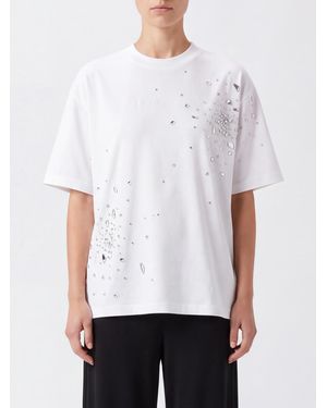 Des Phemmes T-Shirt Aus Baumwolle Mit Kristallapplikationen Und Überschnittenen Schultern - Weiß