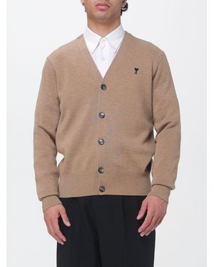 Ami Paris V-Neck Wool Cardigan With Contrast Embroidered Logo - Natural