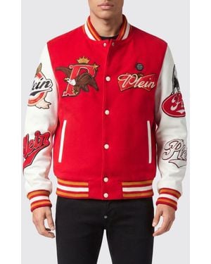 Philipp Plein Bicolor Wool Cloth Varsity Bomber Jacket With Embroidered Patches