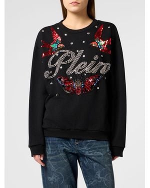 Philipp Plein Crewneck Cotton Sweatshirt With Logo And Jewelled Embellishments - Black