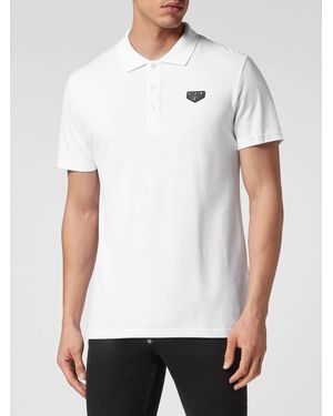Philipp Plein Slim Fit Cotton Polo Shirt With Hexagon Logo And Ribbed Collar - White