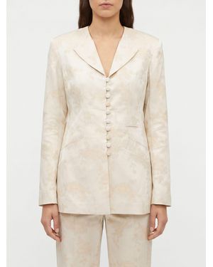 Ganni Floral Print Slim Fit Cropped Cotton-Blend Blazer - Natural