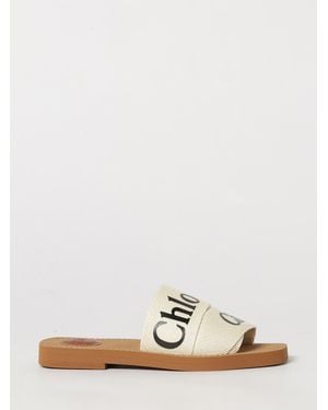 Chloé ChloÉ Woody Canvas Slide Sandals With Logo And Square Toe - Natural