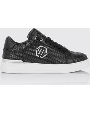 Philipp Plein Woven Leather Low-Top Trainers With Hexagon Logo - White
