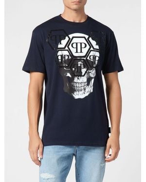 Philipp Plein Cotton T-Shirt With Skull Print And Rhinestone Hexagon Logo - Blue