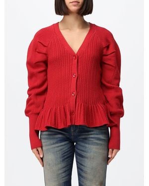 Blumarine Viscose Cardigan With Puff Sleeves And Ruffled Hem - Red
