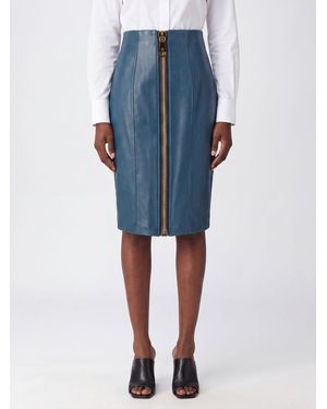 Balmain High-Waisted Lamb Leather Midi Pencil Skirt With Slit - Blue