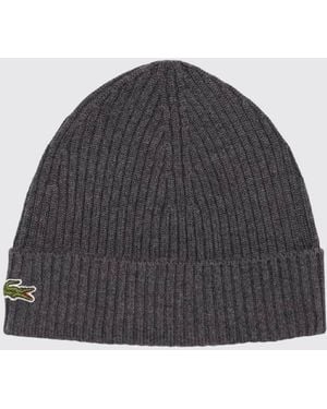 Lacoste Ribbed Pure Wool Beanie Hat With Cuff And Embroidered Logo - Gray