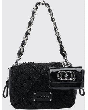 La Carrie Tweed Mini Shoulder Bag With Woven Chain Handle - Black