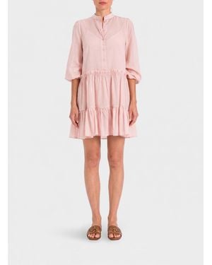Twinset Cotton Mini Shirt Dress With Balloon Sleeves And Mandarin Collar - Pink