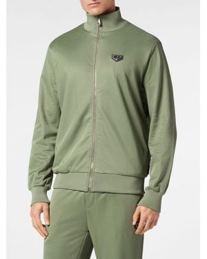 Philipp Plein Cotton-Blend High Neck Zip Sweatshirt With Applied Logo - Green
